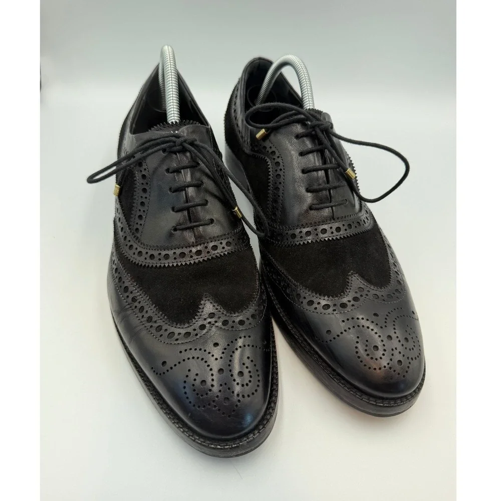 Lethato Men's Black Leather Suede Wingtip Brogue Oxford Dress Shoes Sz 9.5/10